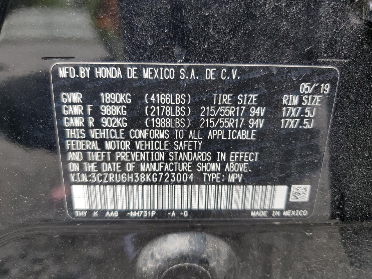 2019 Honda Hr-V Lx VIN: 3CZRU6H38KG723004 Lot: 56995015