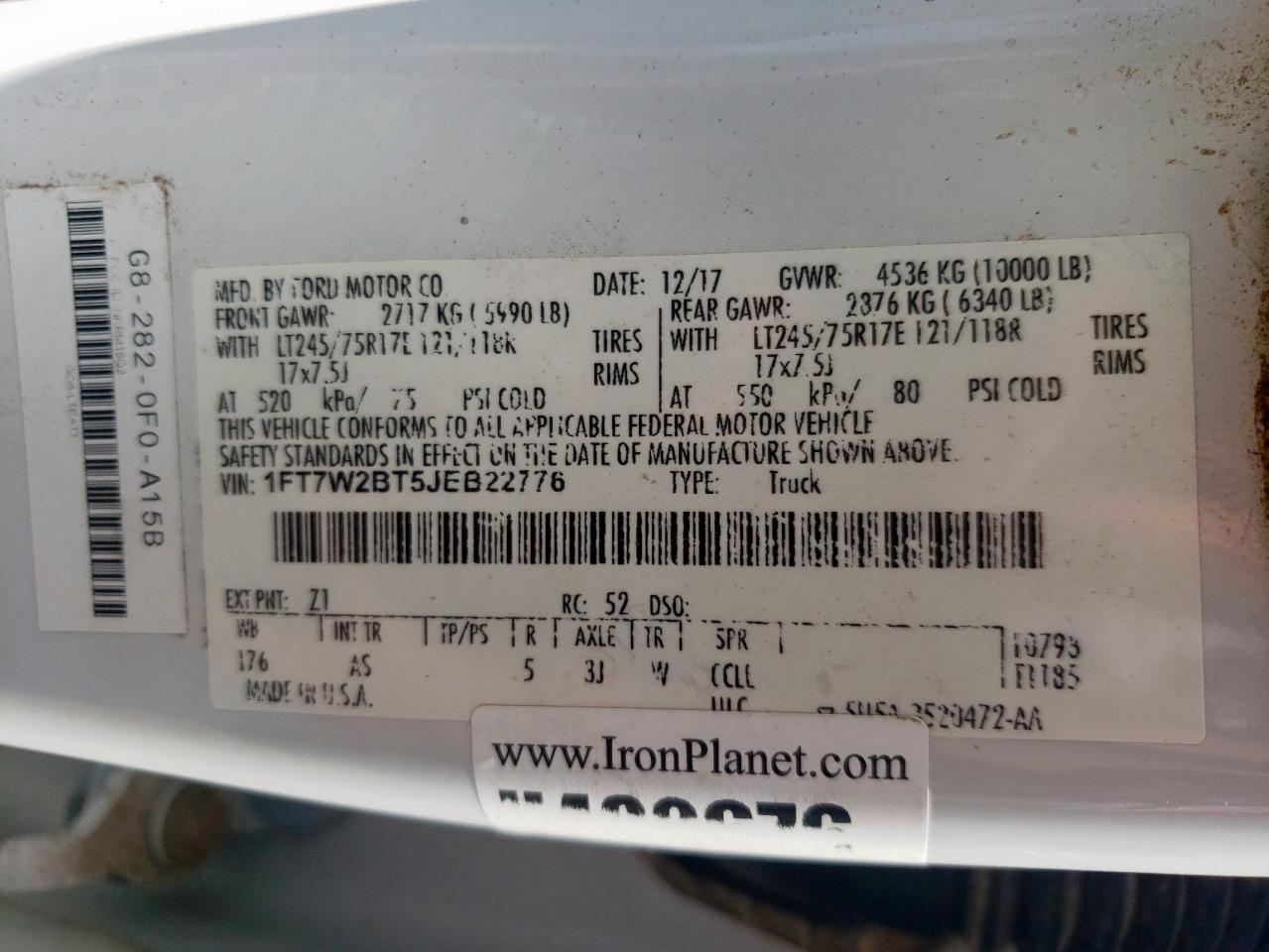 2018 Ford F250 Super Duty VIN: 1FT7W2BT5JEB22776 Lot: 56344455