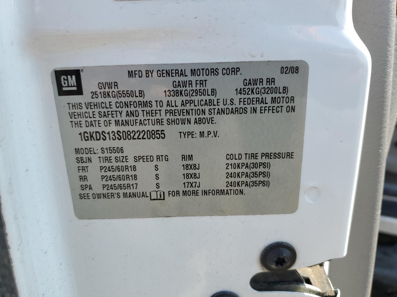 2008 GMC Envoy VIN: 1GKDS13S082220855 Lot: 55759695
