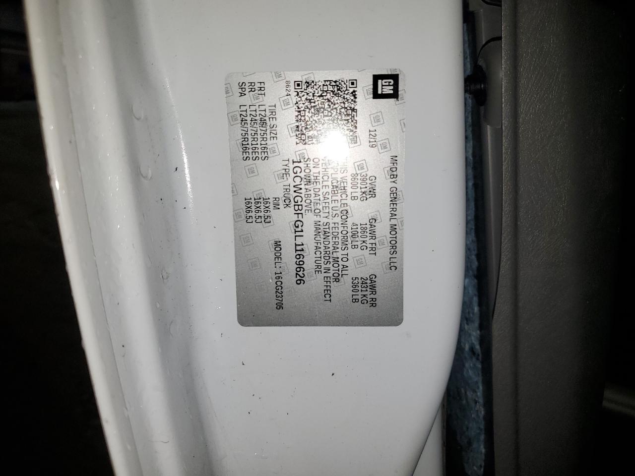 2020 Chevrolet Express G2500 VIN: 1GCWGBFG1L1169626 Lot: 66979455