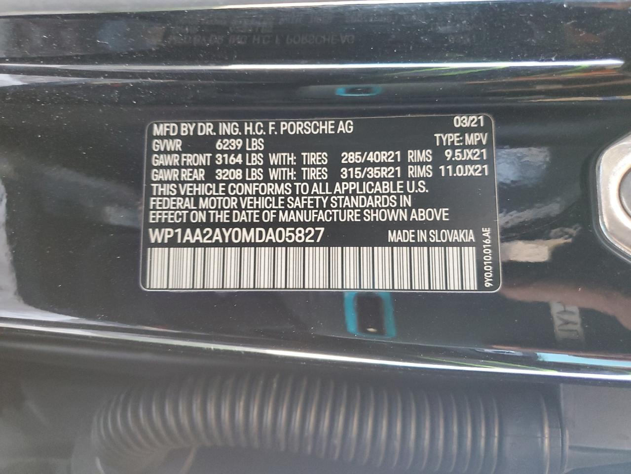 2021 Porsche Cayenne VIN: WP1AA2AY0MDA05827 Lot: 56890125