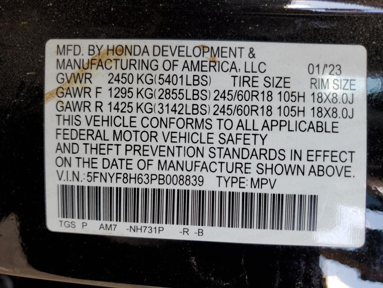 2023 Honda Passport Trail Sport VIN: 5FNYF8H63PB008839 Lot: 54027135