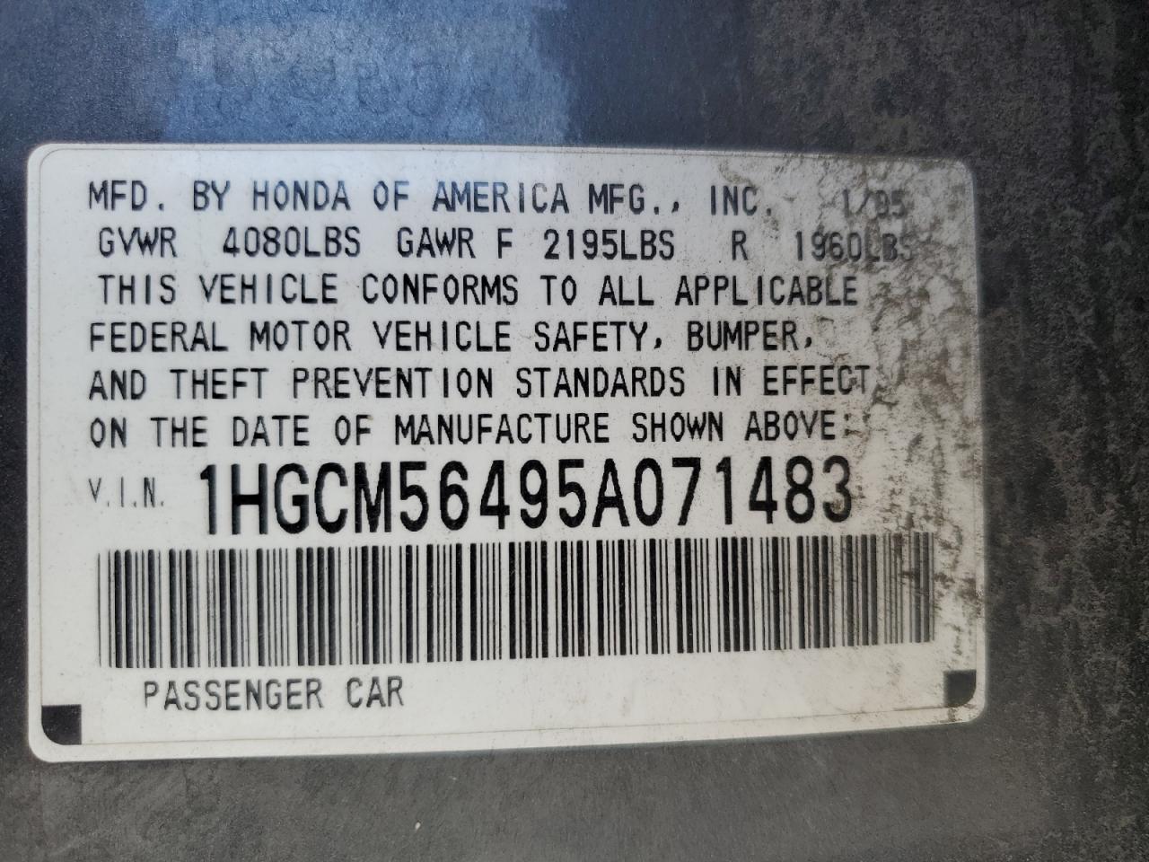 2005 Honda Accord Lx VIN: 1HGCM56495A071483 Lot: 56733325