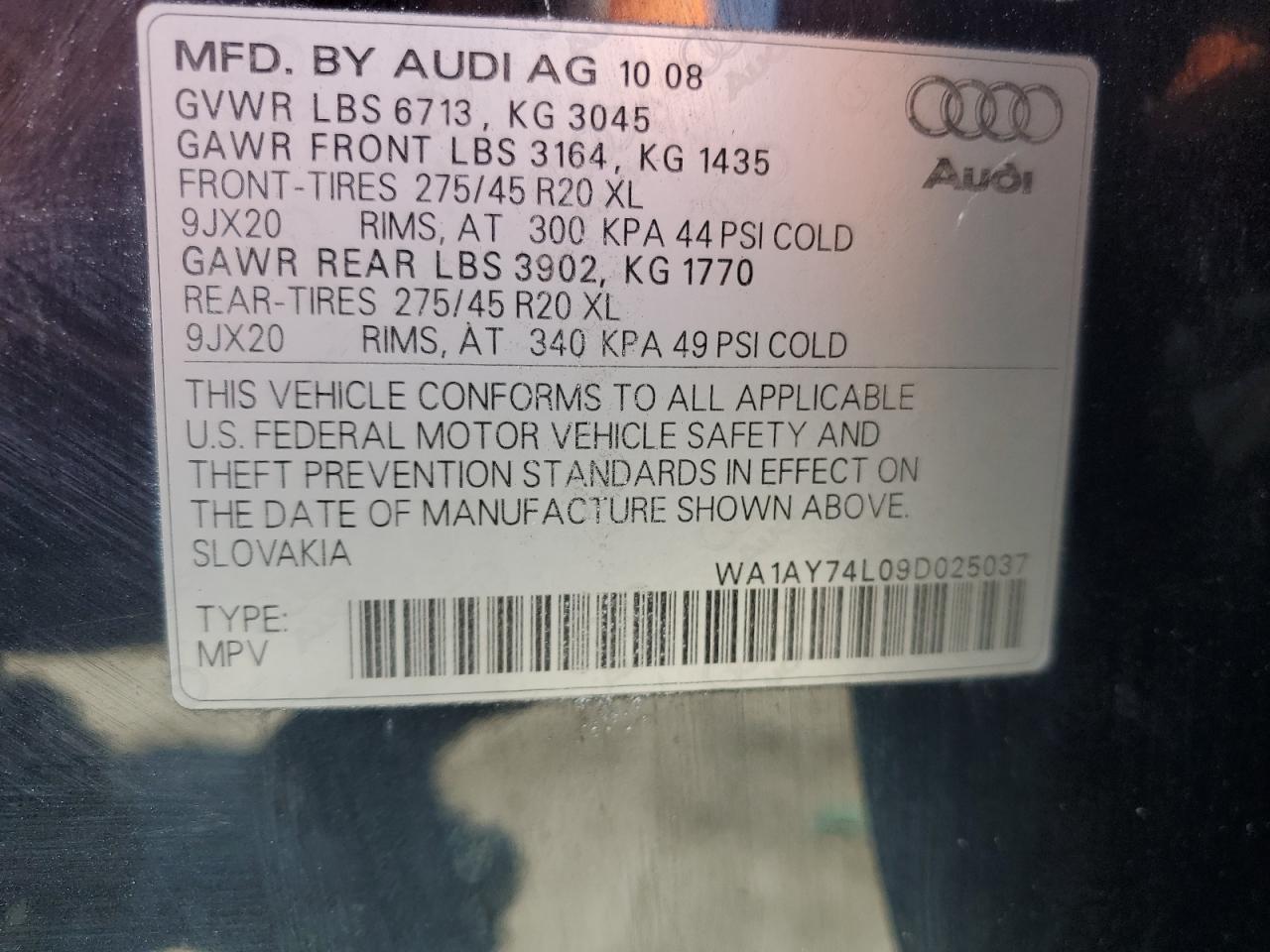 2009 Audi Q7 3.6 Quattro VIN: WA1AY74L09D025037 Lot: 57245945