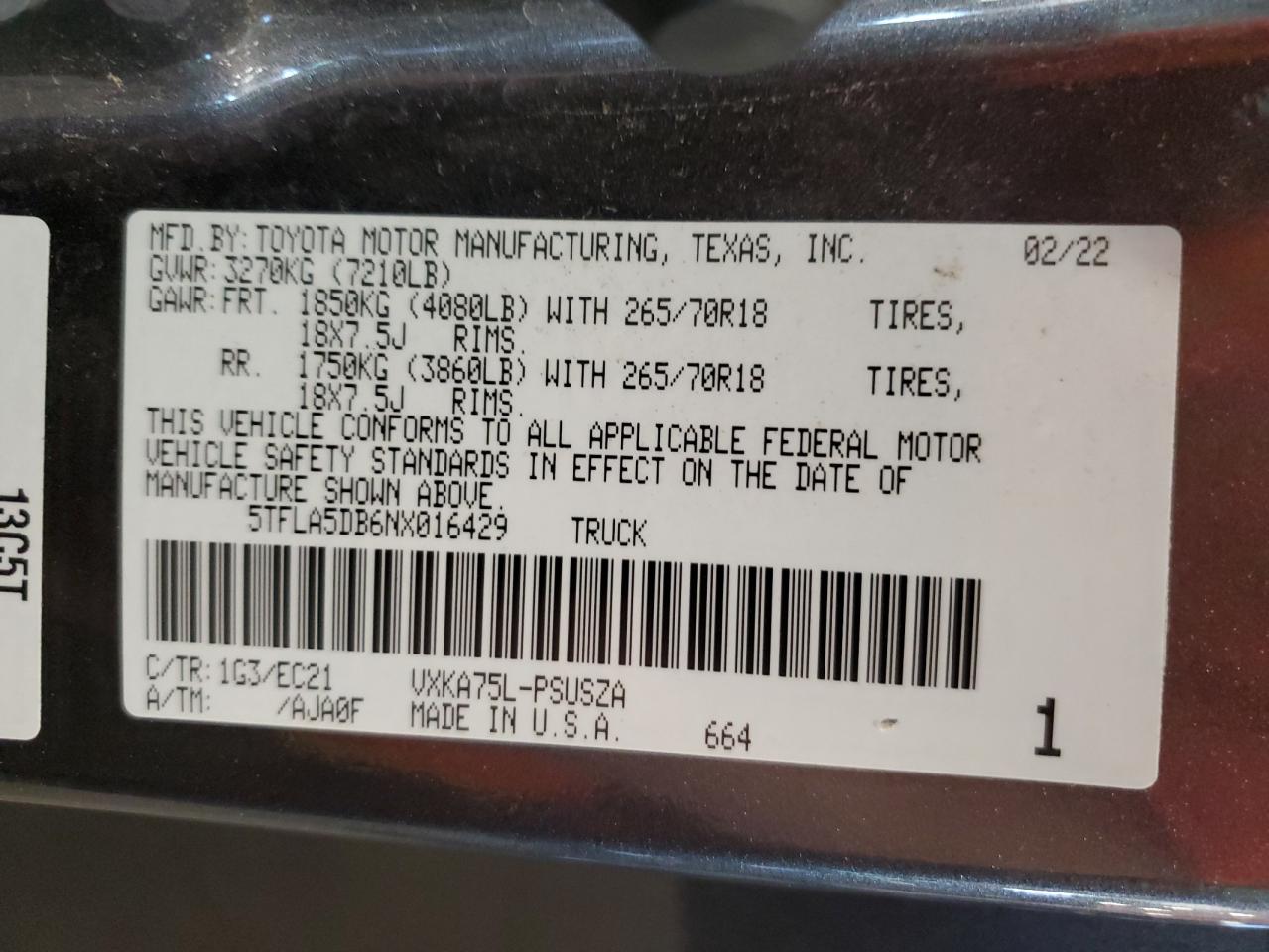 2022 Toyota Tundra Crewmax Sr VIN: 5TFLA5DB6NX016429 Lot: 55915495