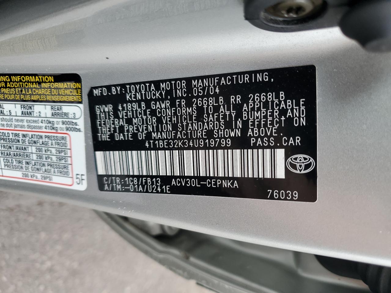 2004 Toyota Camry Le VIN: 4T1BE32K34U919799 Lot: 56546535