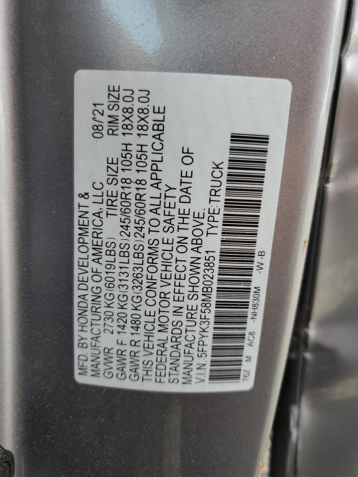 2021 Honda Ridgeline Rtl VIN: 5FPYK3F58MB023851 Lot: 58706605