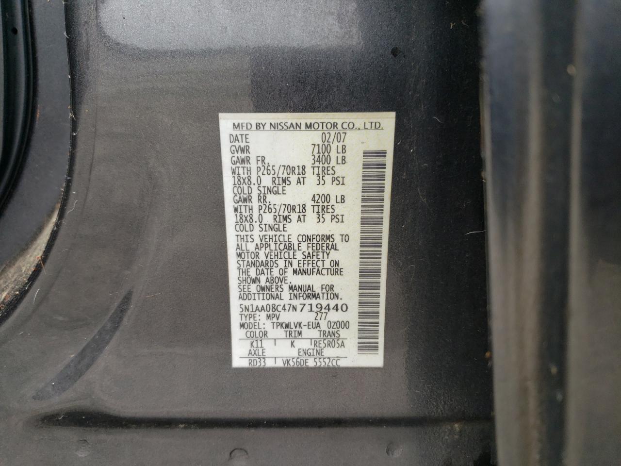 2007 Nissan Armada Se VIN: 5N1AA08C47N719440 Lot: 58258255