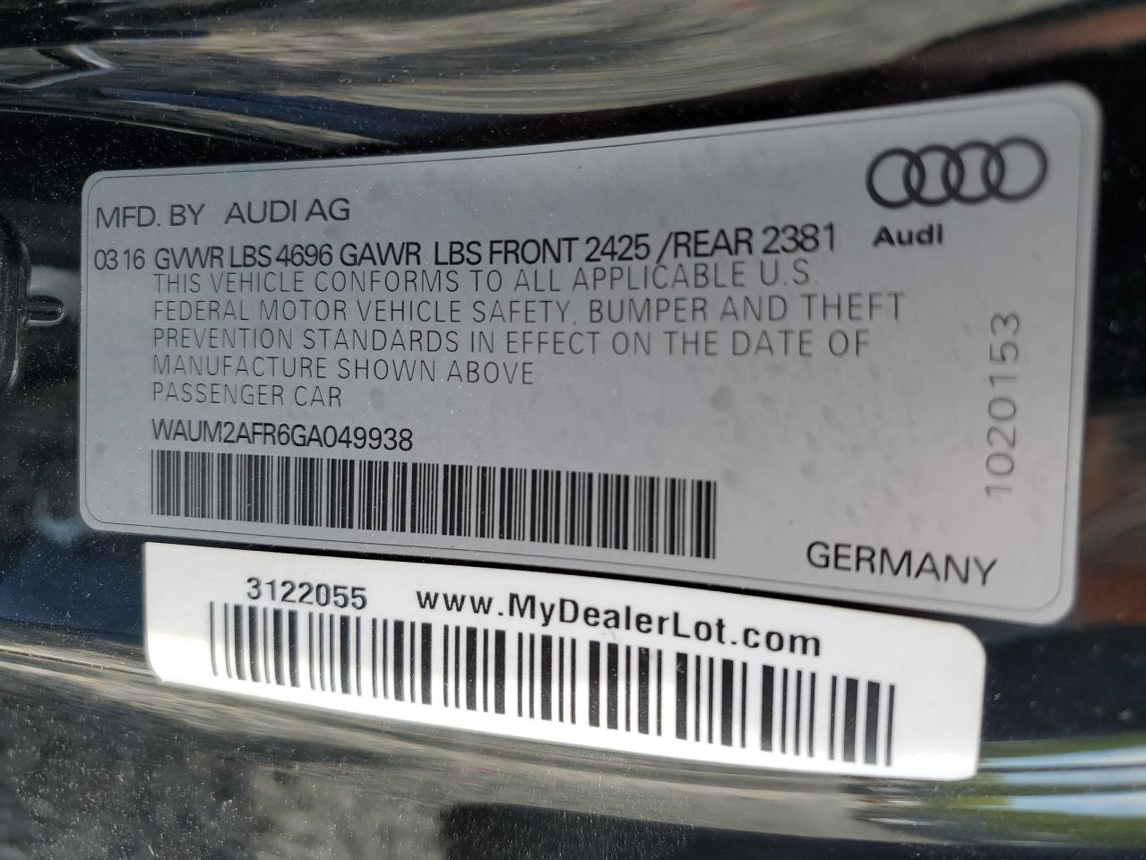 2016 Audi A5 Premium Plus S-Line VIN: WAUM2AFR6GA049938 Lot: 56210045
