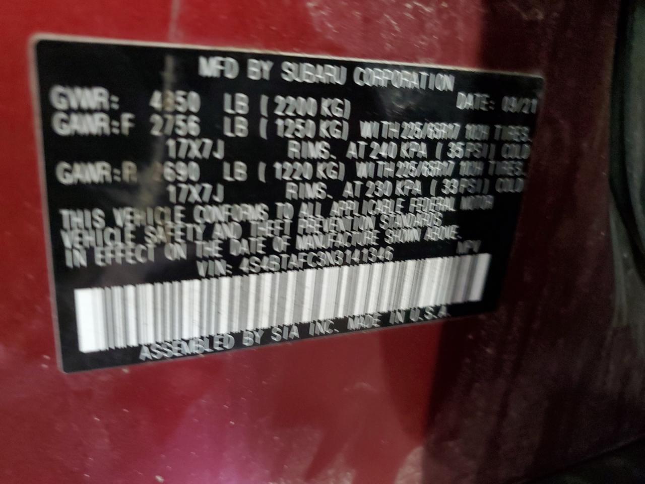 2022 Subaru Outback Premium VIN: 4S4BTAFC3N3141346 Lot: 56859175