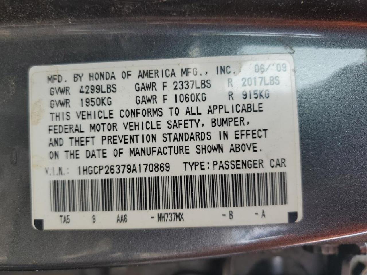 2009 Honda Accord Lx VIN: 1HGCP26379A170869 Lot: 56022655