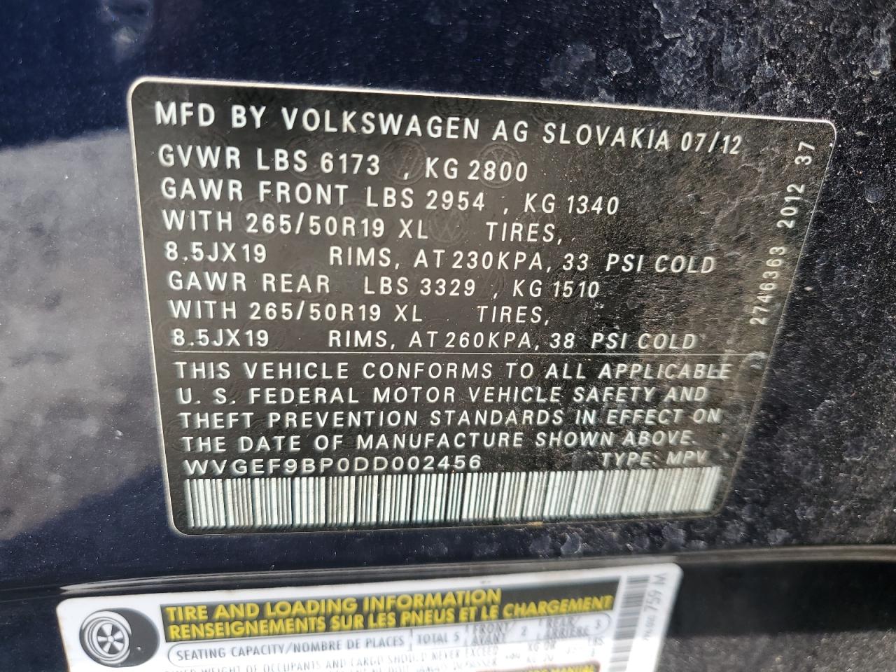 2013 Volkswagen Touareg V6 VIN: WVGEF9BP0DD002456 Lot: 56034435