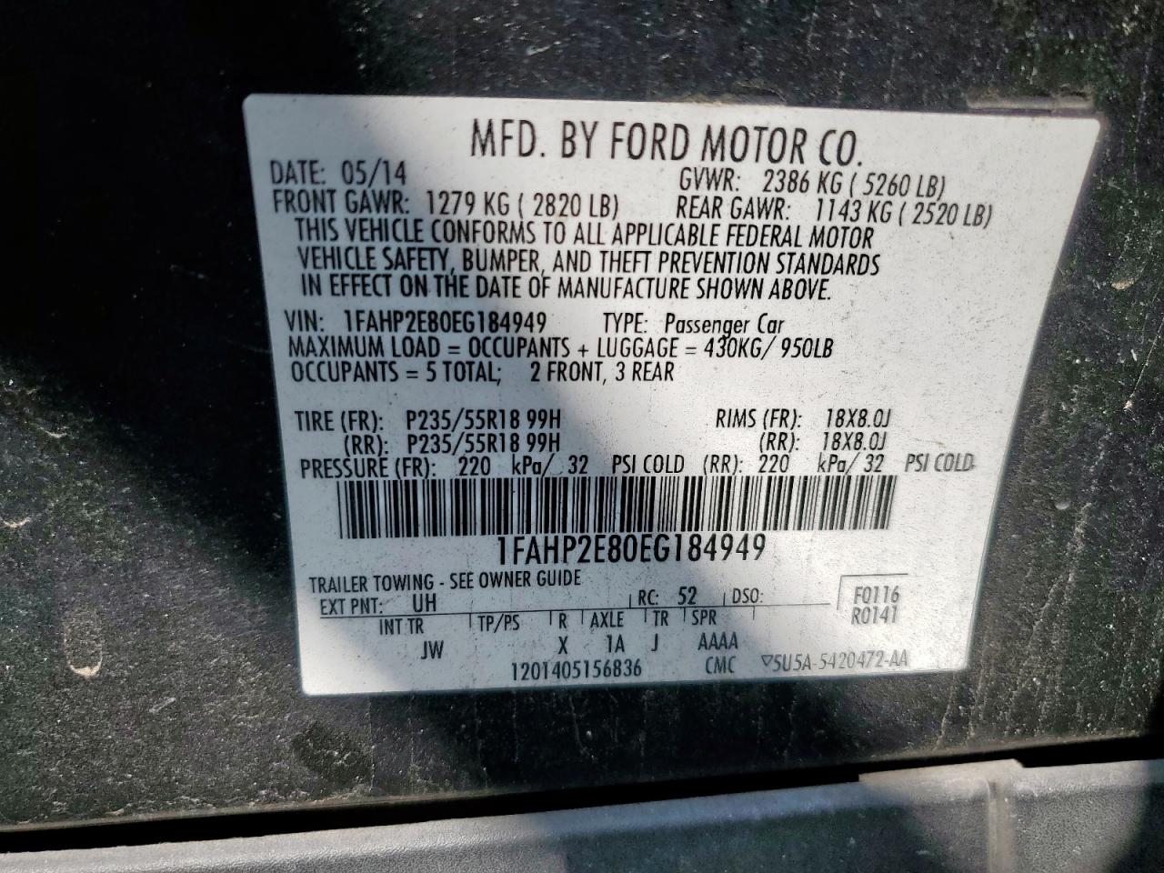 2014 Ford Taurus Sel VIN: 1FAHP2E80EG184949 Lot: 58357105