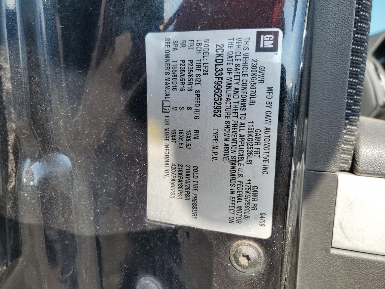 2009 Pontiac Torrent VIN: 2CKDL33F996252952 Lot: 56667765