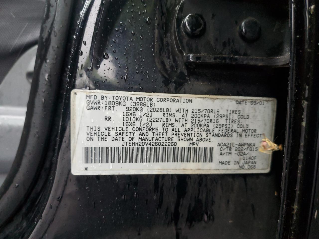 2002 Toyota Rav4 VIN: JTEHH20V426022260 Lot: 56052055