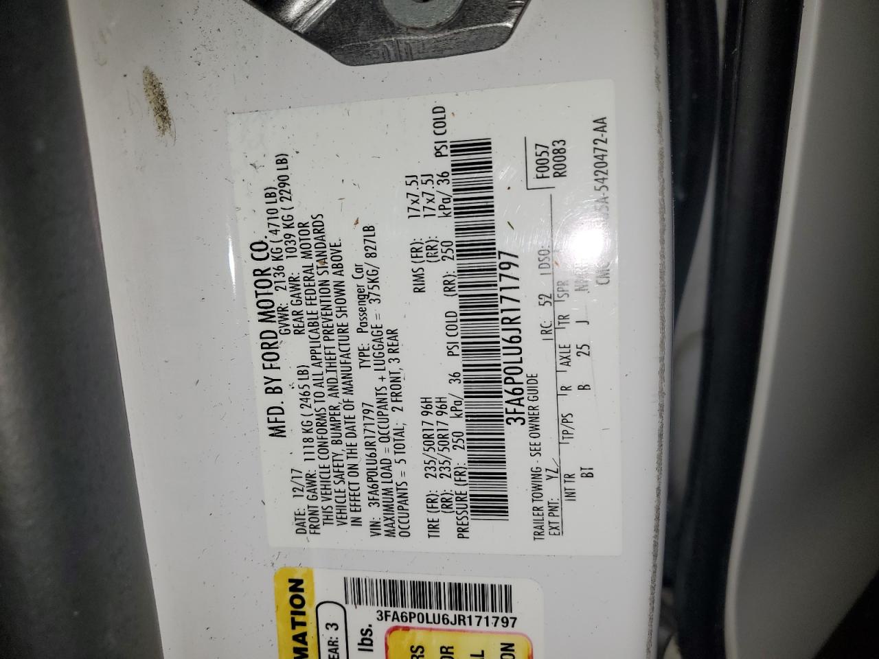 2018 Ford Fusion Se Hybrid VIN: 3FA6P0LU6JR171797 Lot: 55084775