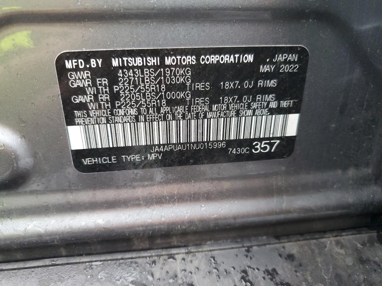 2022 Mitsubishi Outlander Sport Es VIN: JA4APUAU1NU015996 Lot: 56988055