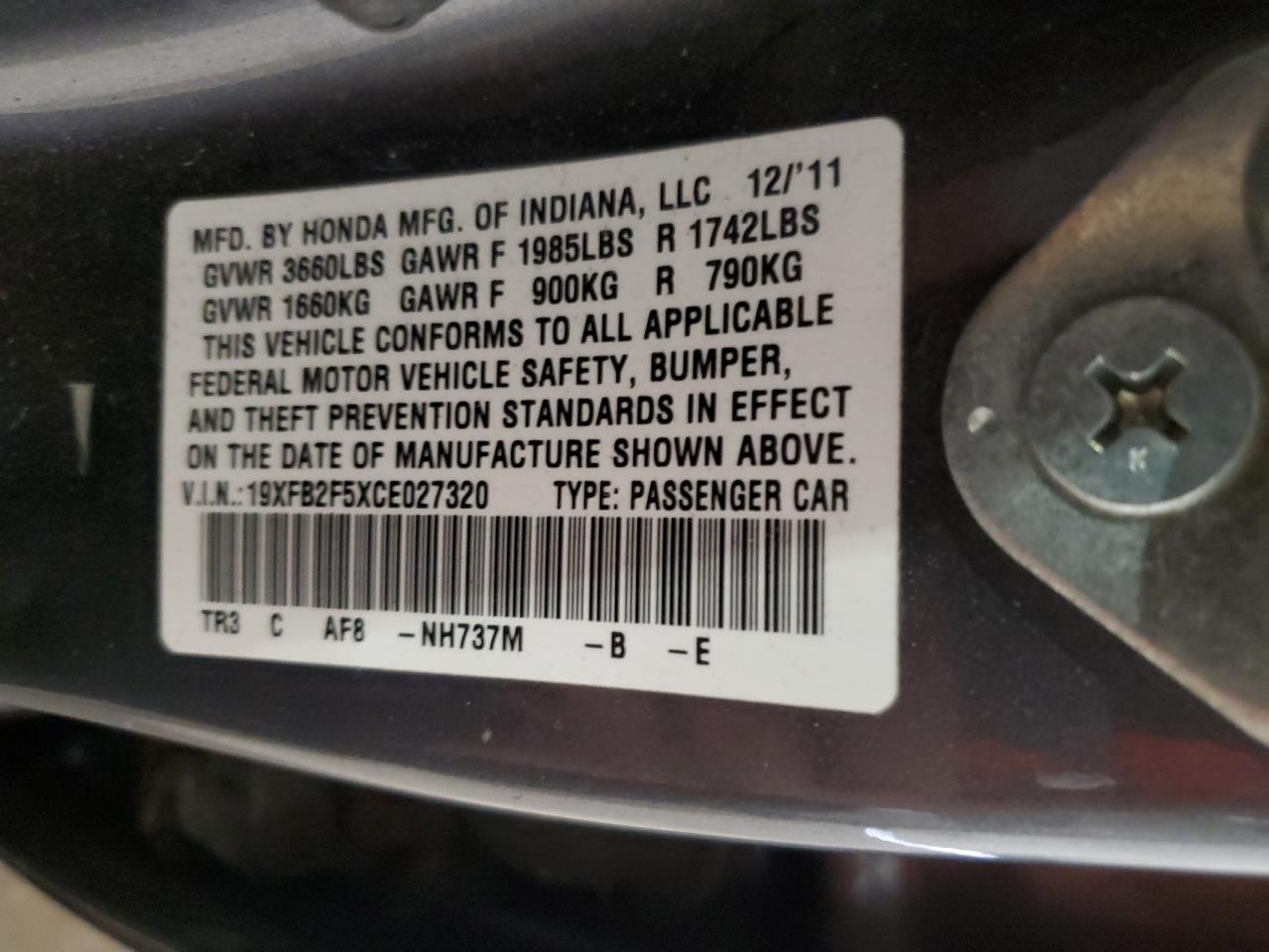 2012 Honda Civic Lx VIN: 19XFB2F5XCE027320 Lot: 57054135
