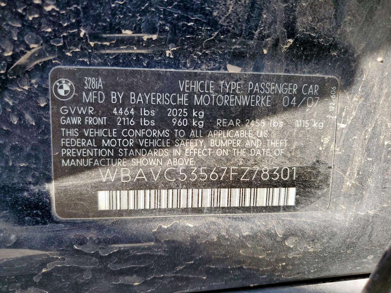 2007 BMW 328 I Sulev VIN: WBAVC53567FZ78301 Lot: 58548585