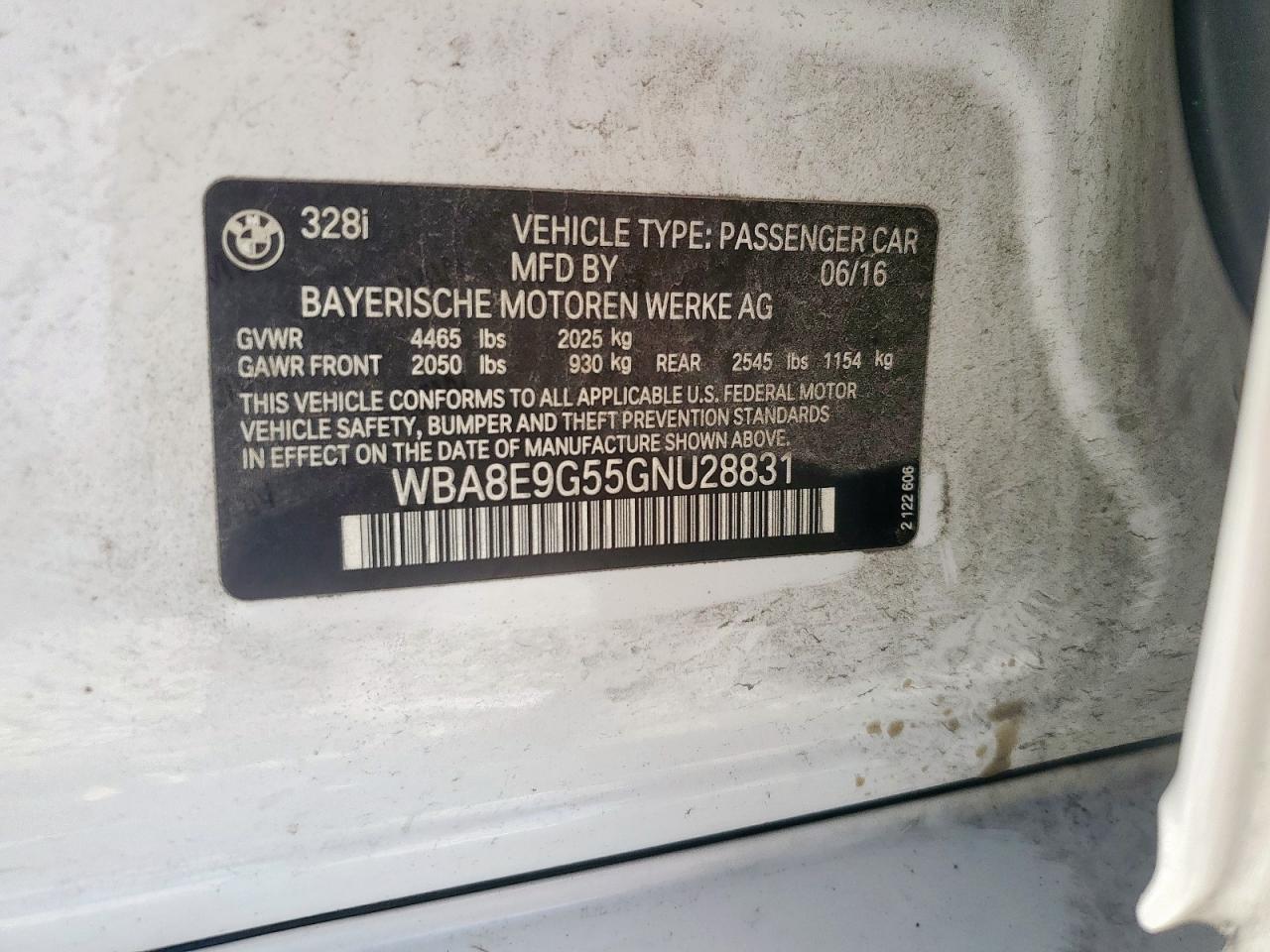 2016 BMW 328 I Sulev VIN: WBA8E9G55GNU28831 Lot: 91061015