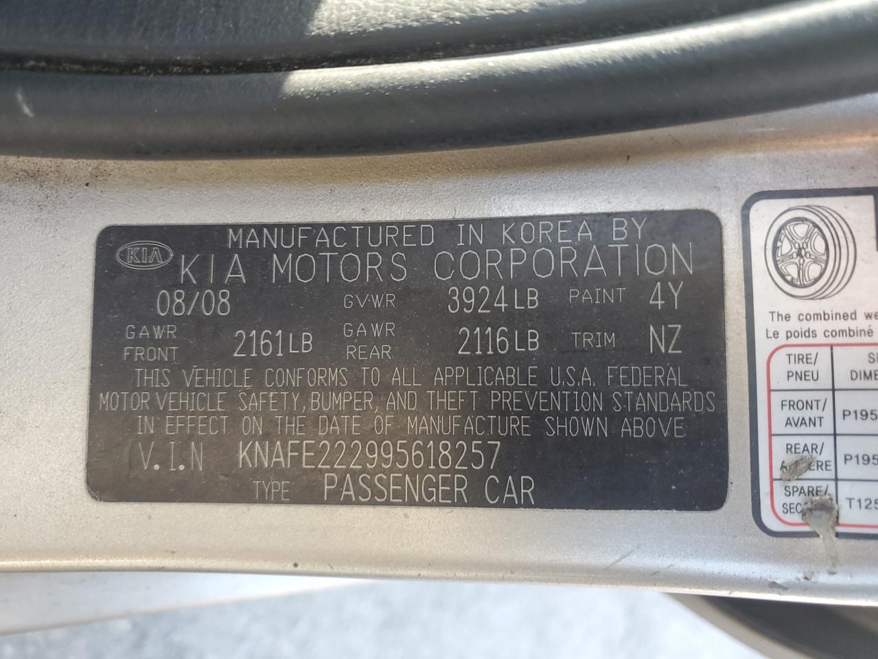 2009 Kia Spectra Ex VIN: KNAFE222995618257 Lot: 56179025