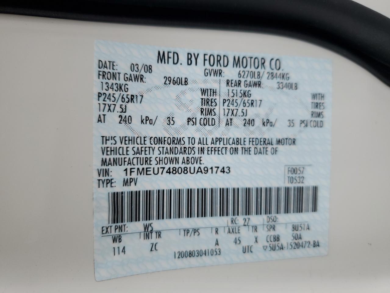 2008 Ford Explorer Eddie Bauer VIN: 1FMEU74808UA91743 Lot: 56076105