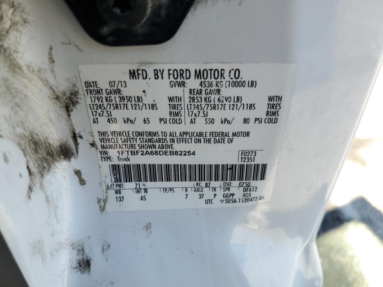 2013 Ford F250 Super Duty VIN: 1FTBF2A68DEB82254 Lot: 54087895