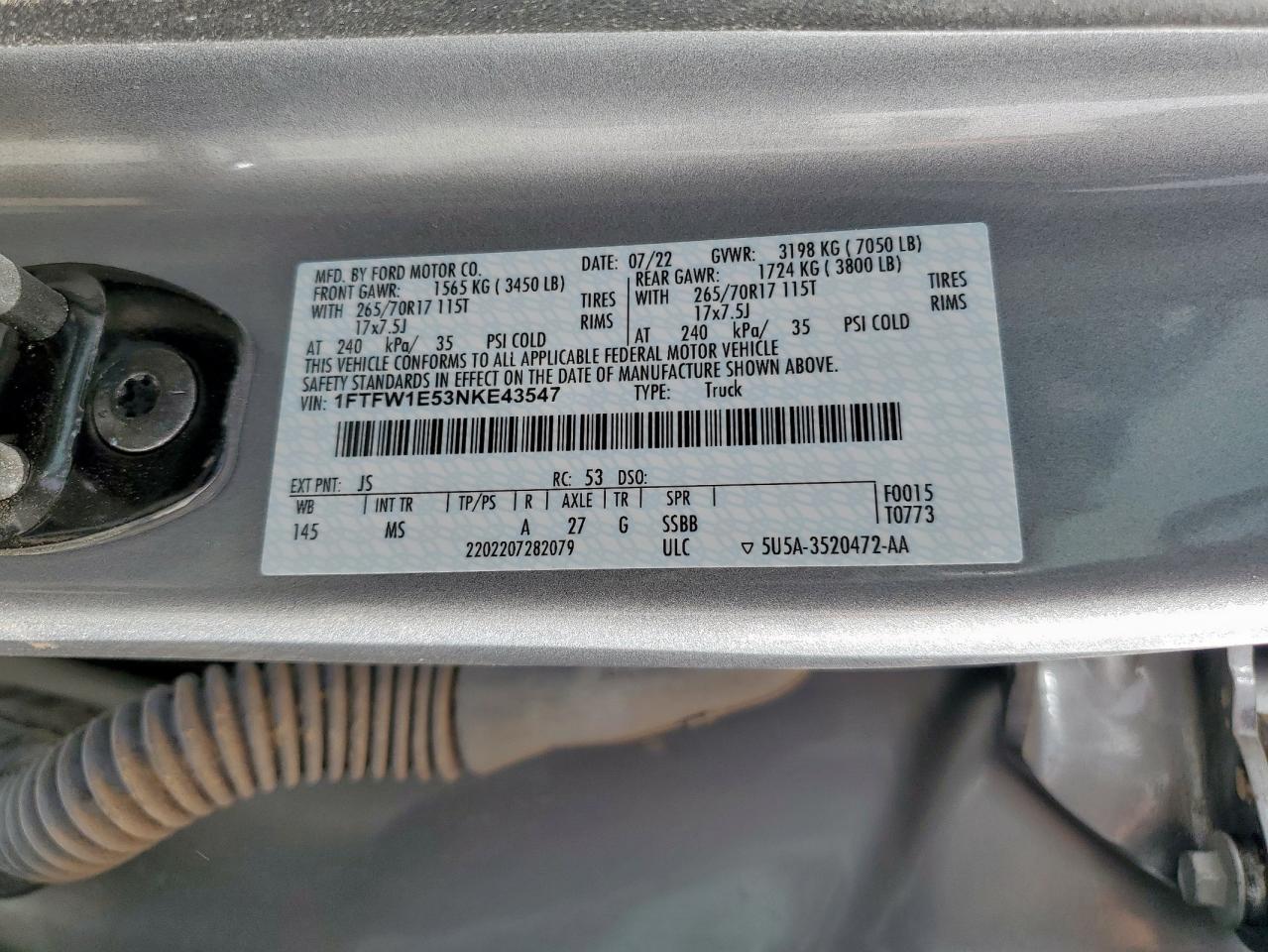 2022 Ford F150 Supercrew VIN: 1FTFW1E53NKE43547 Lot: 57858135