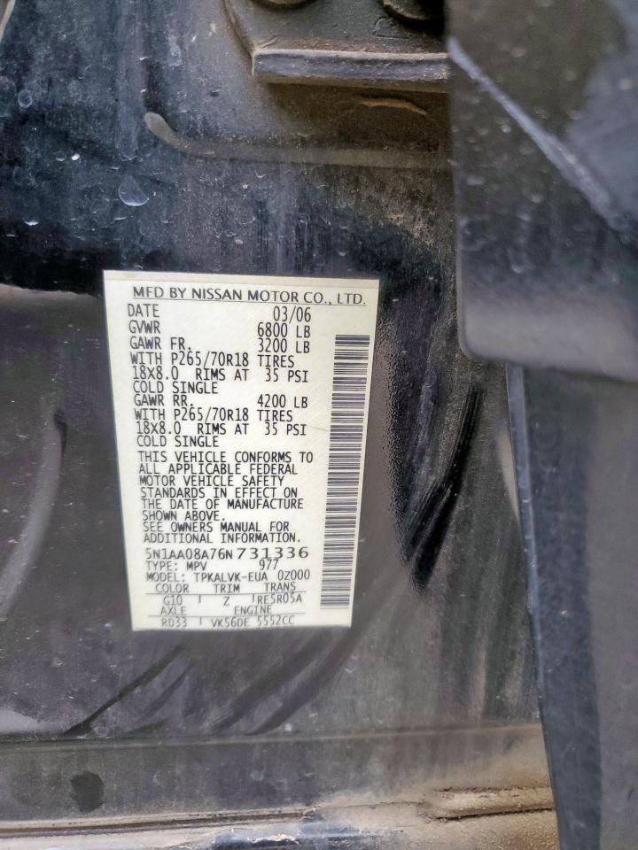 2006 Nissan Armada Se VIN: 5N1AA08A76N731336 Lot: 56850725