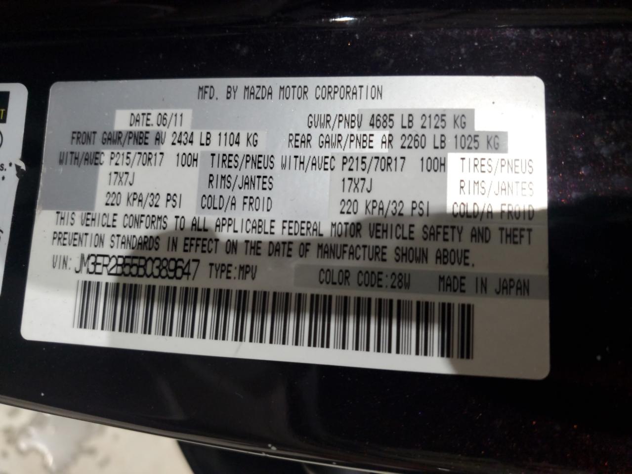 2011 Mazda Cx-7 VIN: JM3ER2B55B0389647 Lot: 56767305