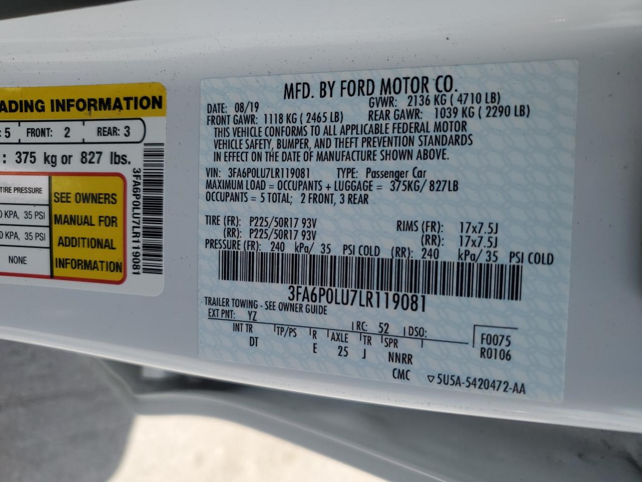 2020 Ford Fusion Se VIN: 3FA6P0LU7LR119081 Lot: 58980215