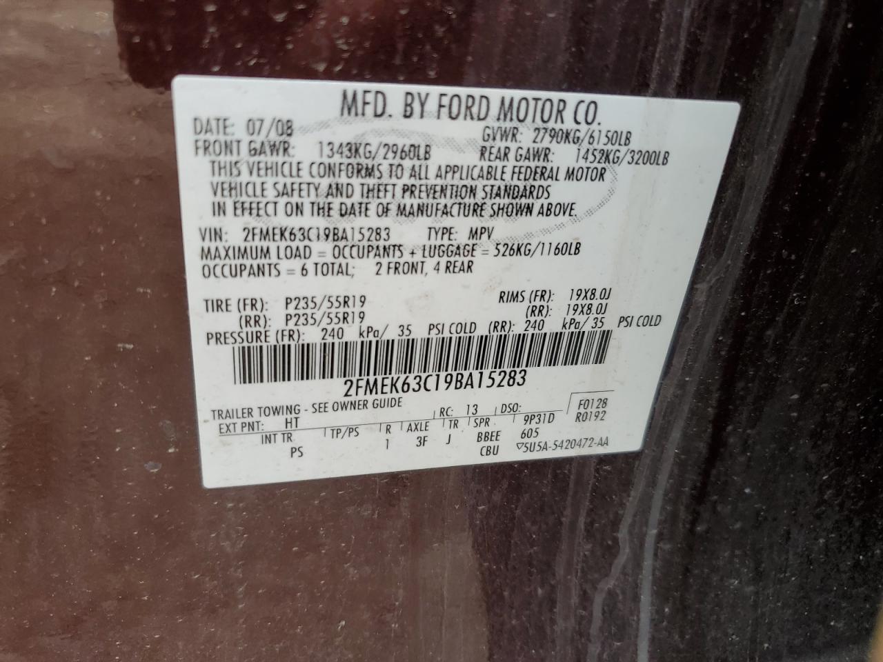 2009 Ford Flex Limited VIN: 2FMEK63C19BA15283 Lot: 56688005
