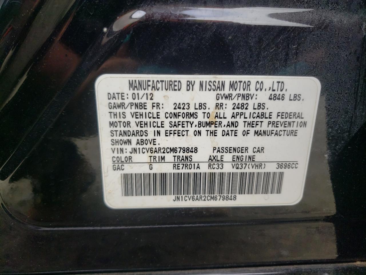 2012 Infiniti G37 VIN: JN1CV6AR2CM679848 Lot: 55823685