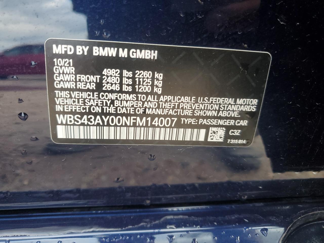 2022 BMW M3 Competition VIN: WBS43AY00NFM14007 Lot: 53043285