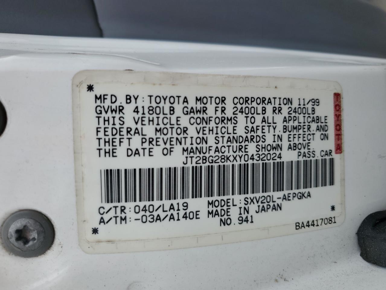 2000 Toyota Camry Le VIN: JT2BG28KXY0432024 Lot: 57057905