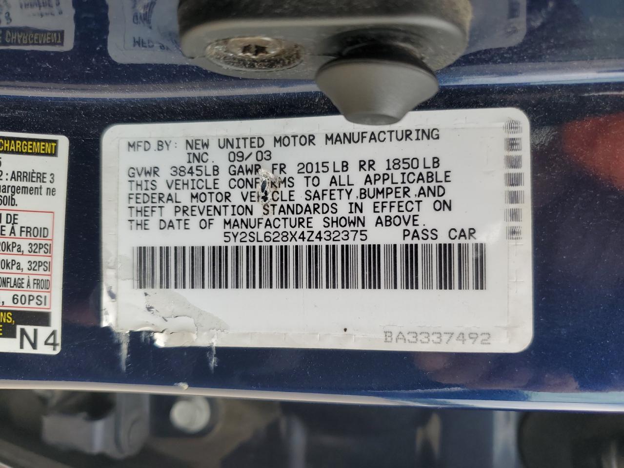 2004 Pontiac Vibe VIN: 5Y2SL628X4Z432375 Lot: 56468555