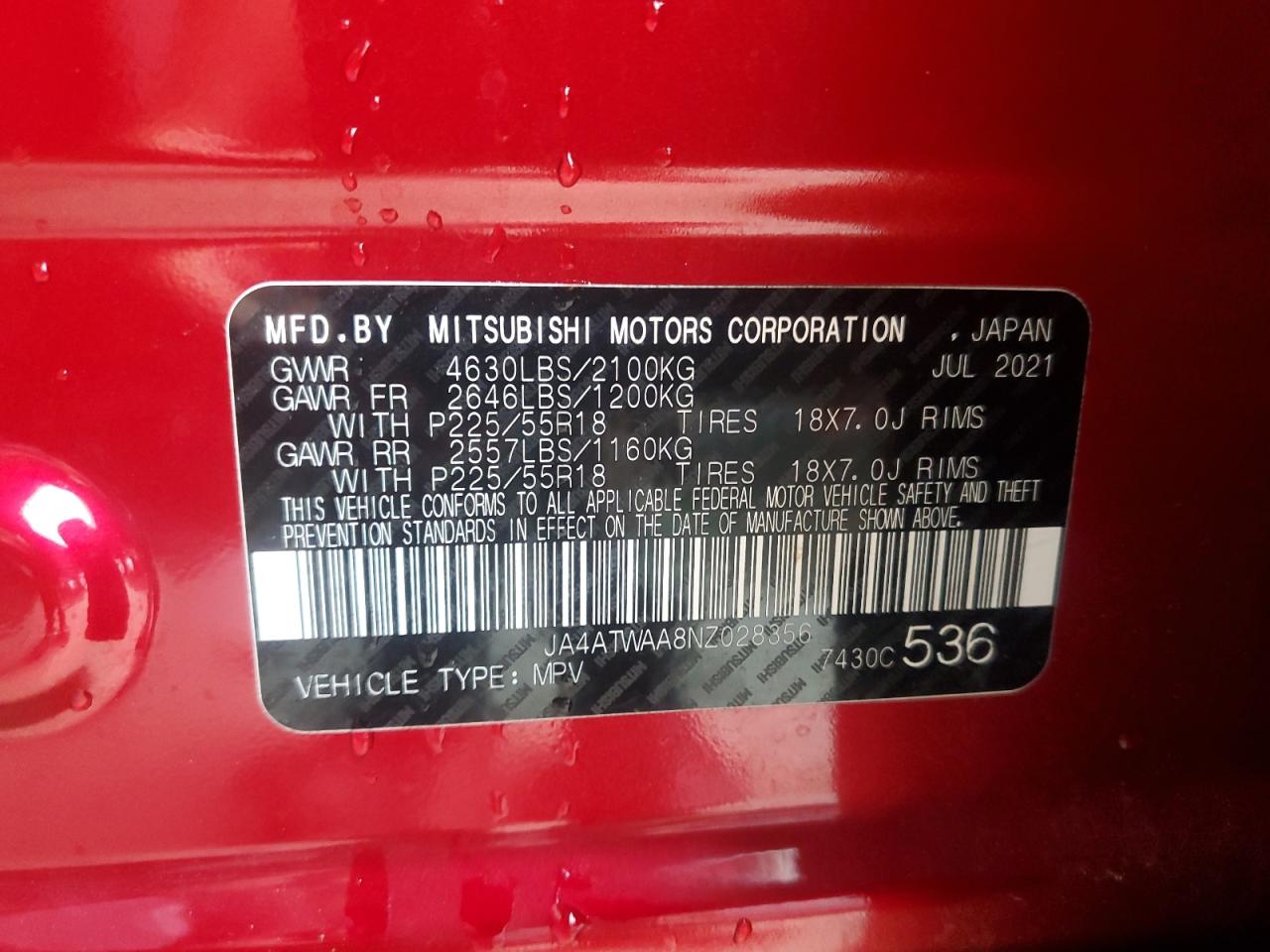 2022 Mitsubishi Eclipse Cross Se VIN: JA4ATWAA8NZ028356 Lot: 57167015