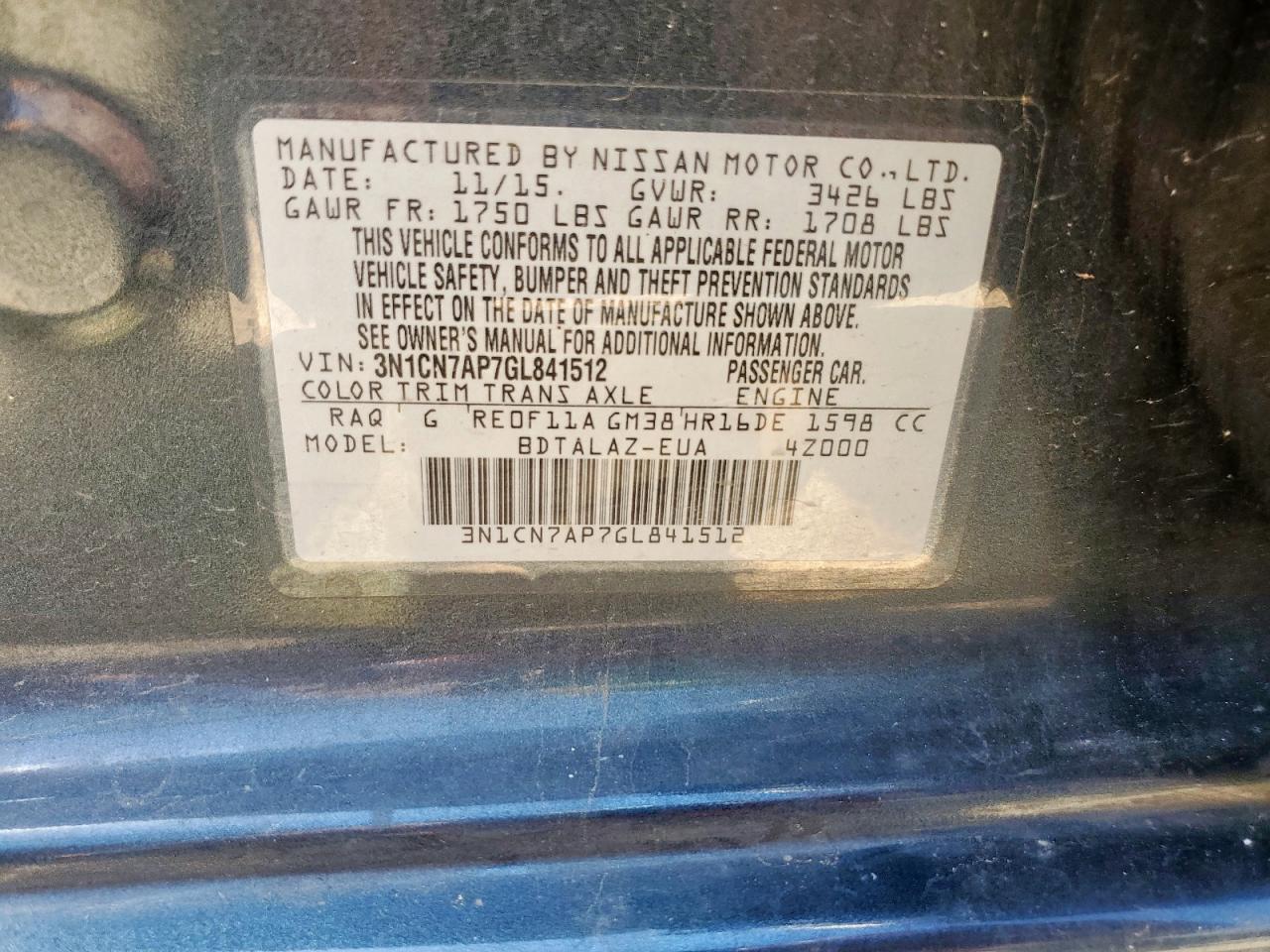 2016 Nissan Versa S VIN: 3N1CN7AP7GL841512 Lot: 56961835