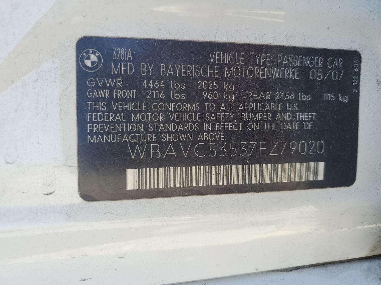 2007 BMW 328 I Sulev VIN: WBAVC53537FZ79020 Lot: 57387485