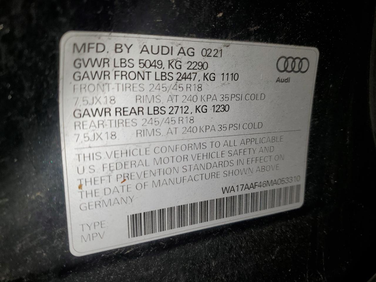 2021 Audi A4 Allroad Premium VIN: WA17AAF46MA053310 Lot: 56120285