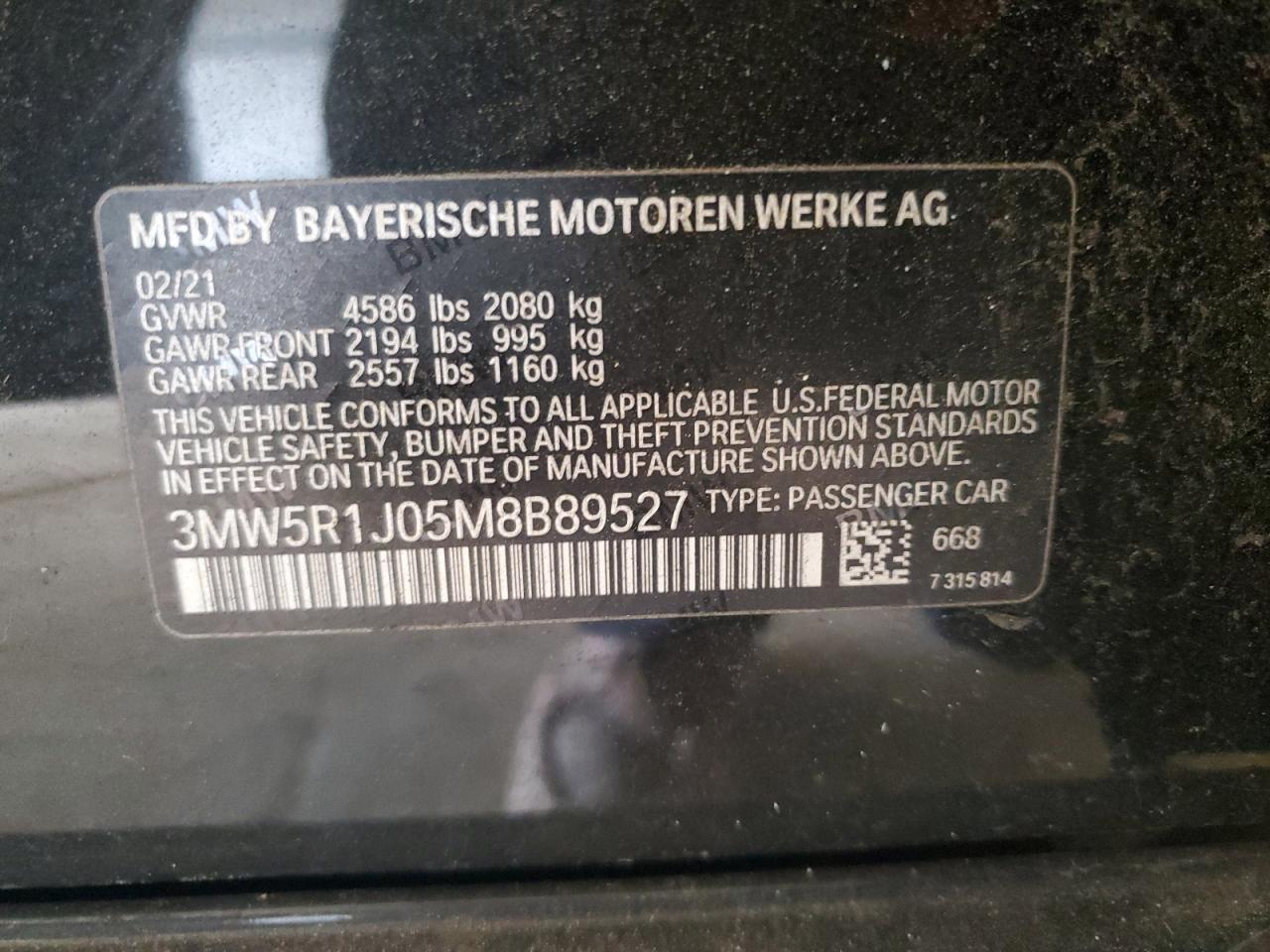 2021 BMW 330I VIN: 3MW5R1J05M8B89527 Lot: 56903025