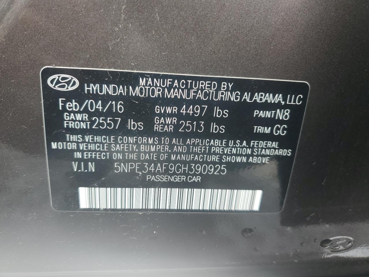 2016 Hyundai Sonata Sport VIN: 5NPE34AF9GH390925 Lot: 55819235