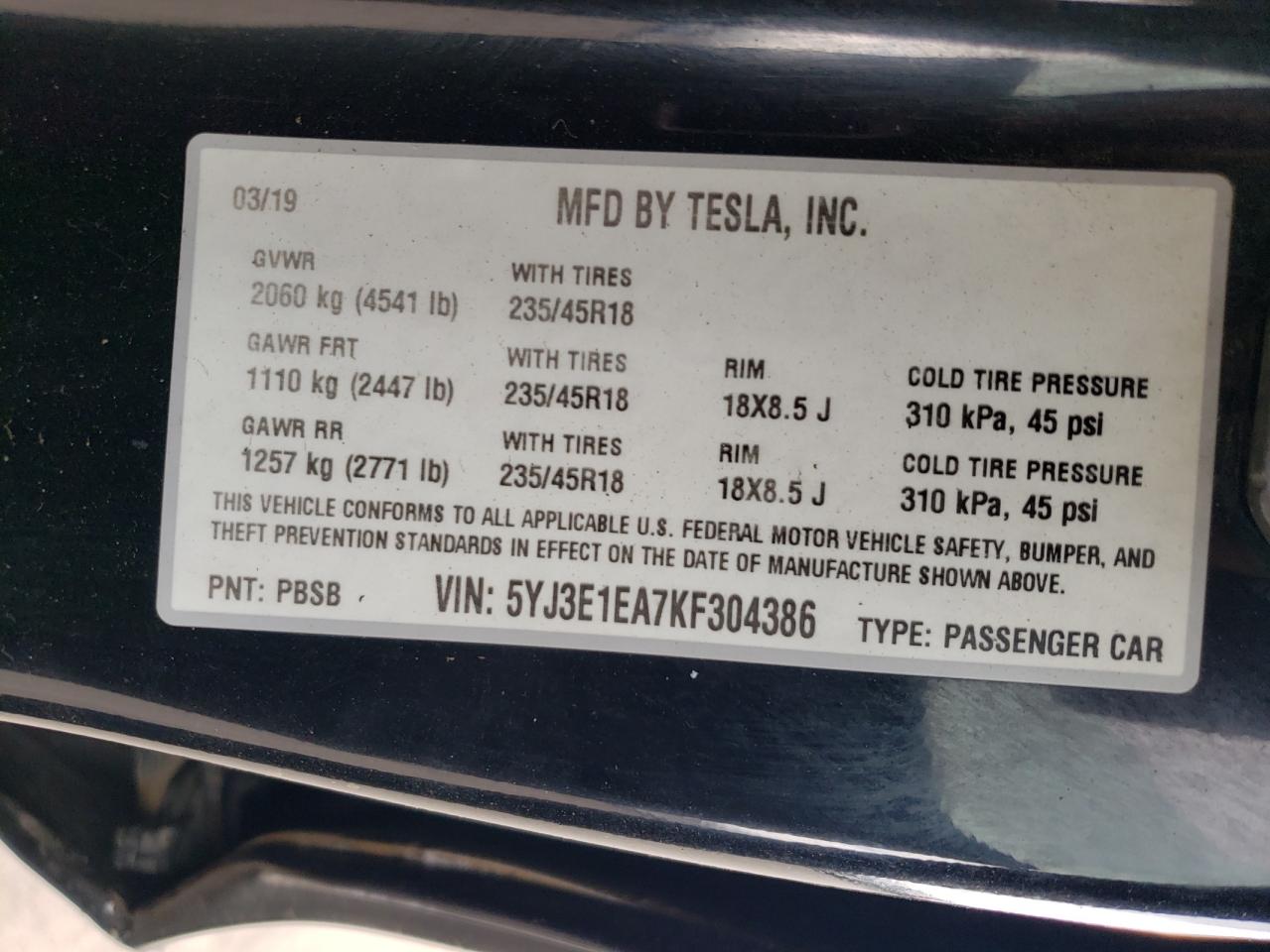 2019 Tesla Model 3 VIN: 5YJ3E1EA7KF304386 Lot: 56880055
