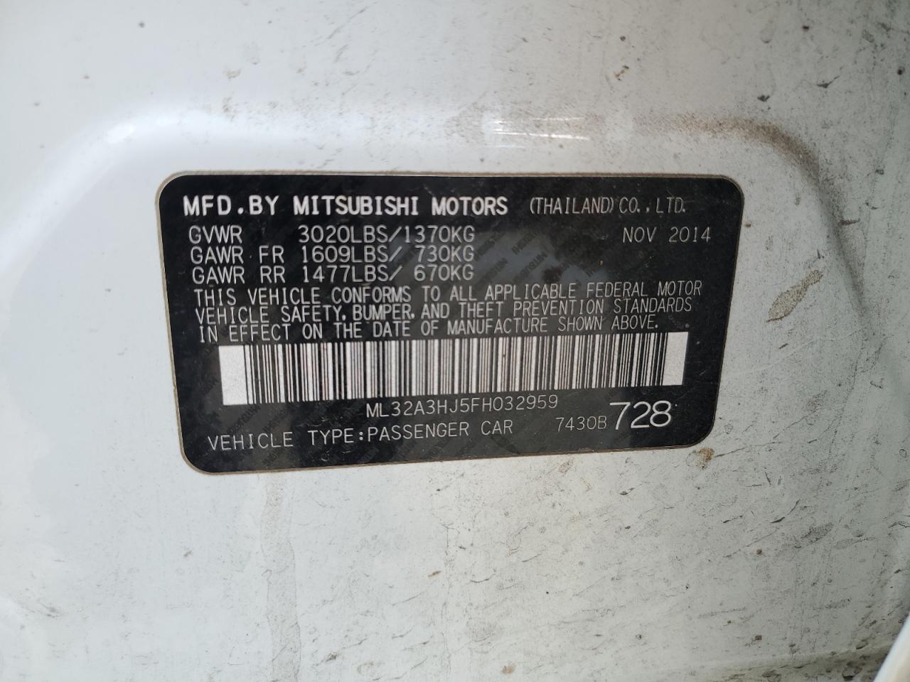 2015 Mitsubishi Mirage De VIN: ML32A3HJ5FH032959 Lot: 56245125