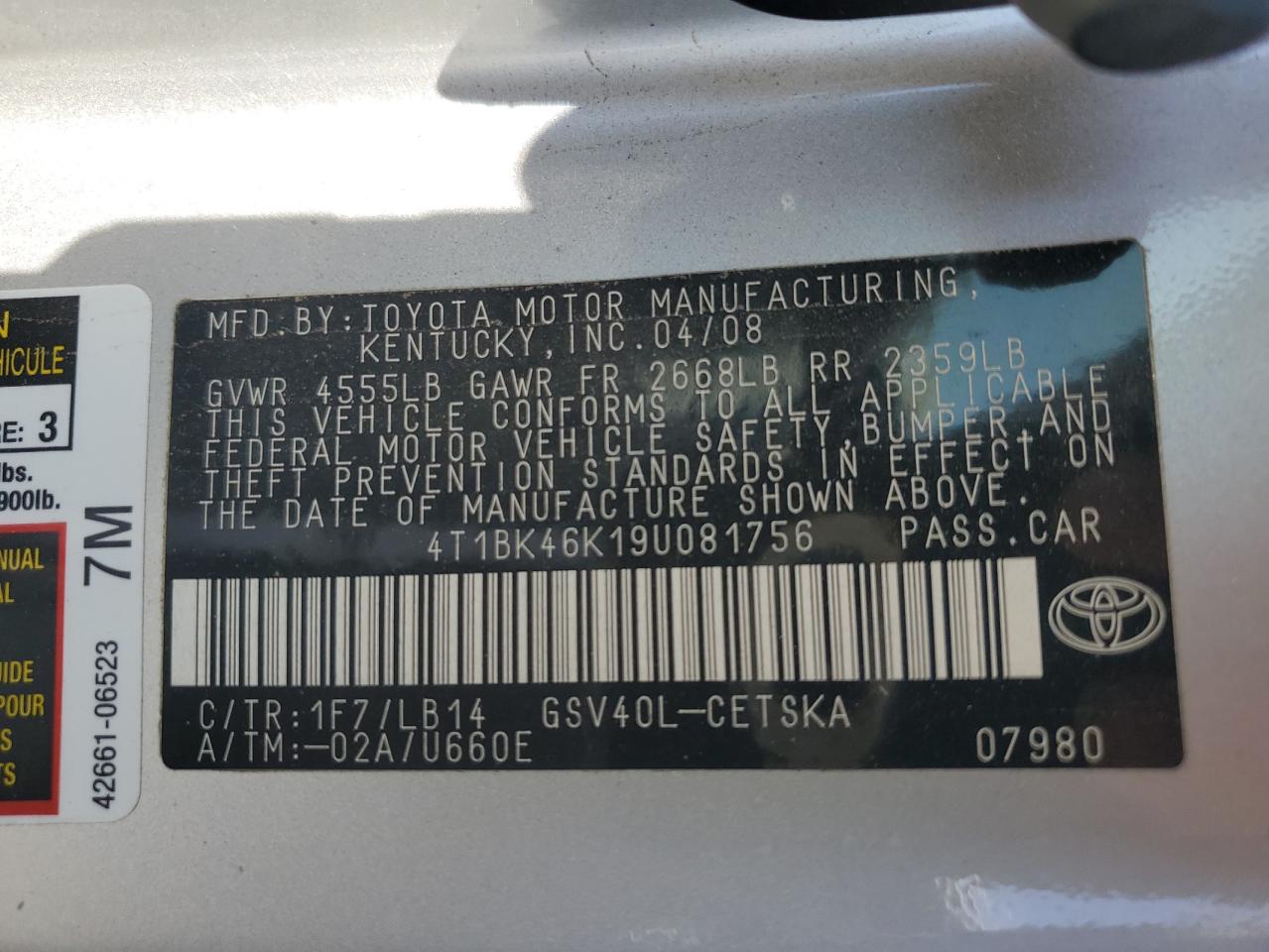 2009 Toyota Camry Se VIN: 4T1BK46K19U081756 Lot: 57071355