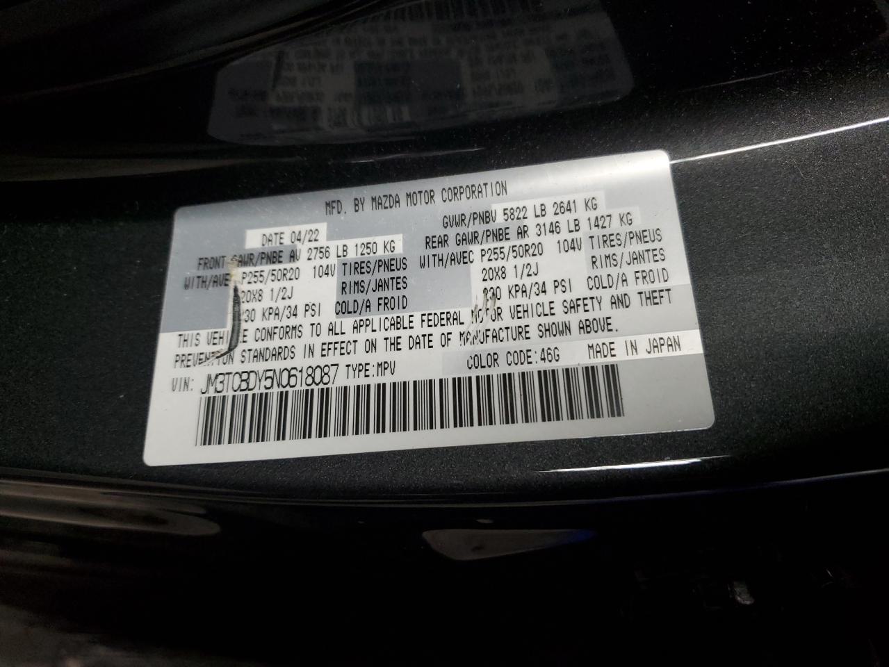 2022 Mazda Cx-9 Grand Touring VIN: JM3TCBDY5N0618087 Lot: 58324565