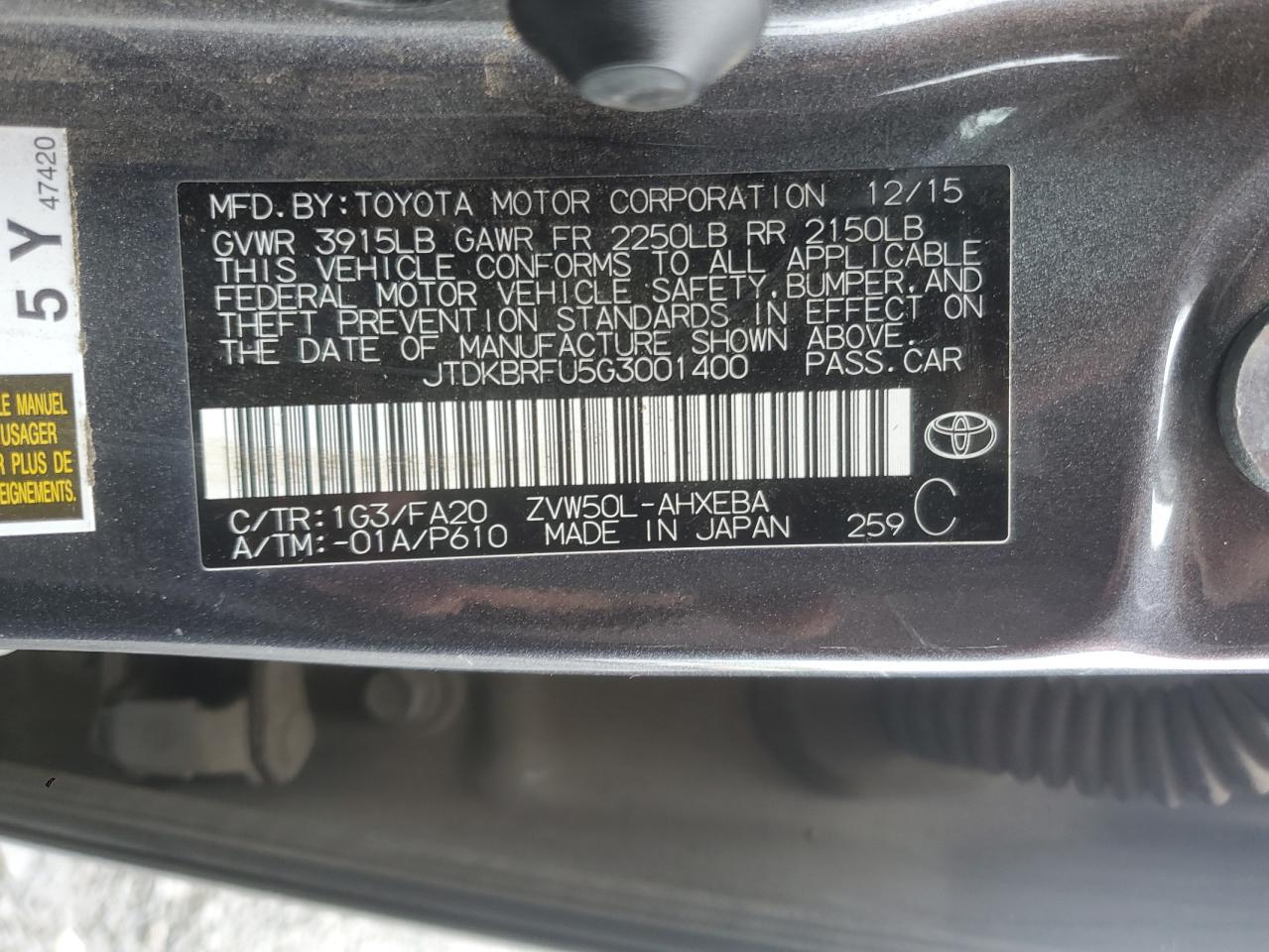 2016 Toyota Prius VIN: JTDKBRFU5G3001400 Lot: 56413545
