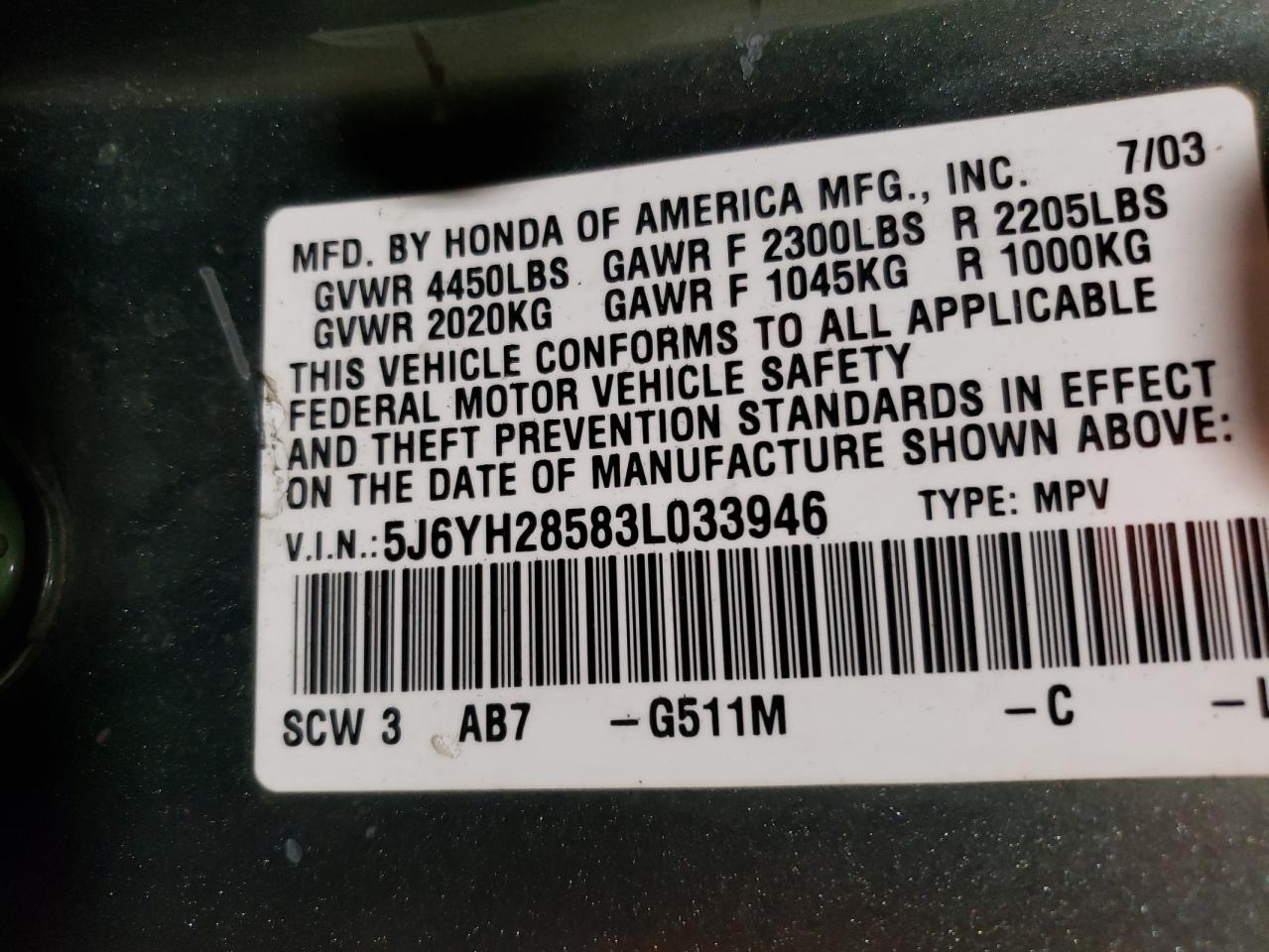 2003 Honda Element Ex VIN: 5J6YH28583L033946 Lot: 56095145