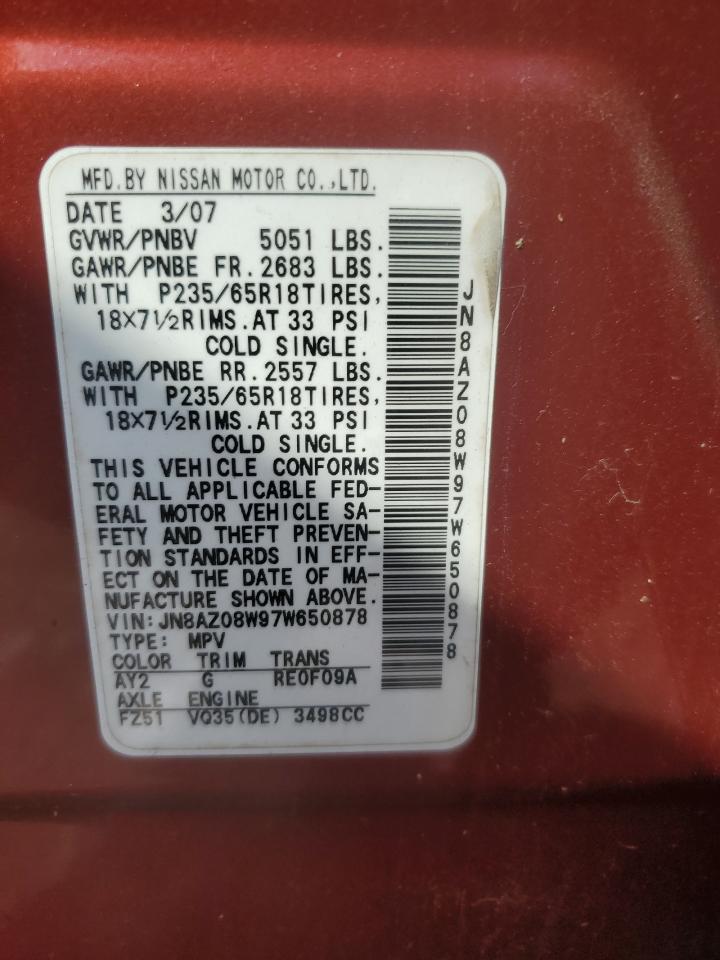2007 Nissan Murano Sl VIN: JN8AZ08W97W650878 Lot: 56858545