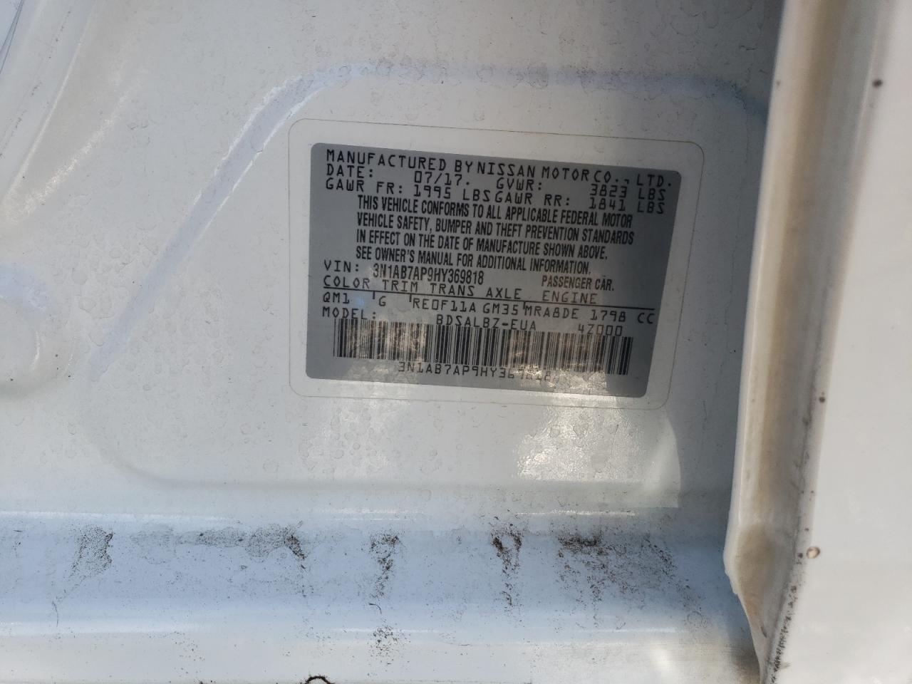 2017 Nissan Sentra S VIN: 3N1AB7AP9HY369818 Lot: 57419435